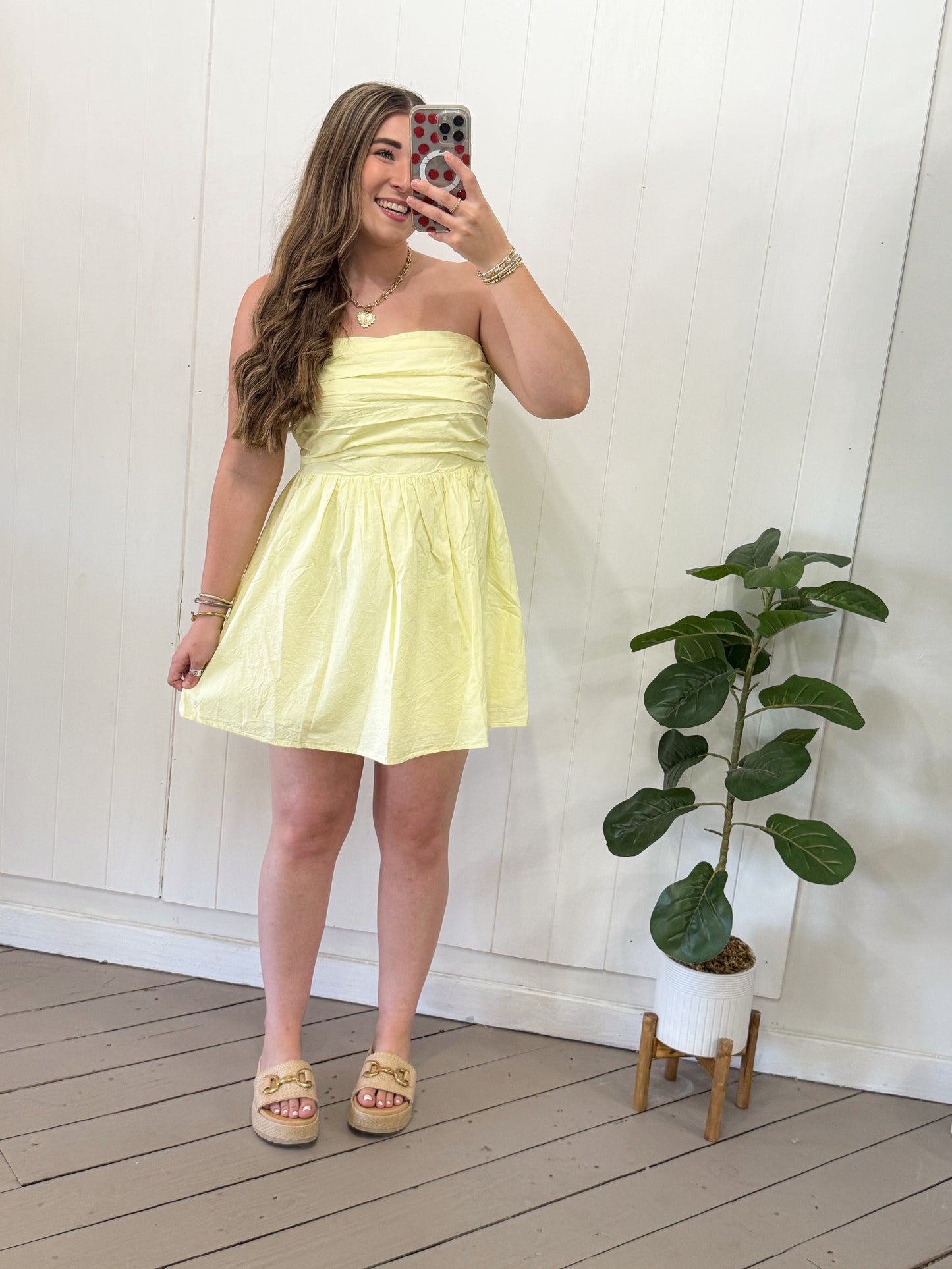 BUTTER STRAPLESS PLEATED MINI DRESS