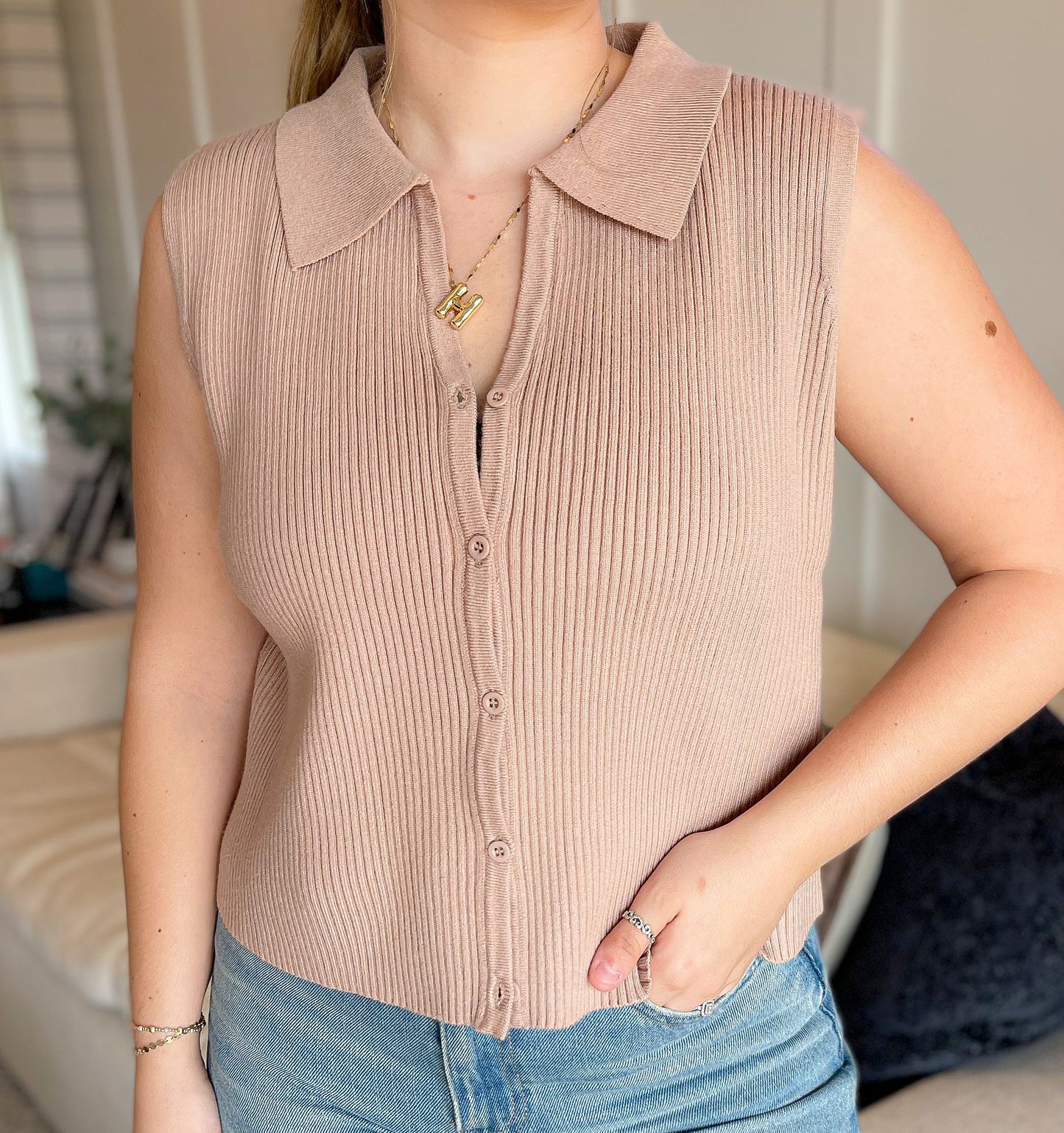 Button Up Sweater Vest Top
