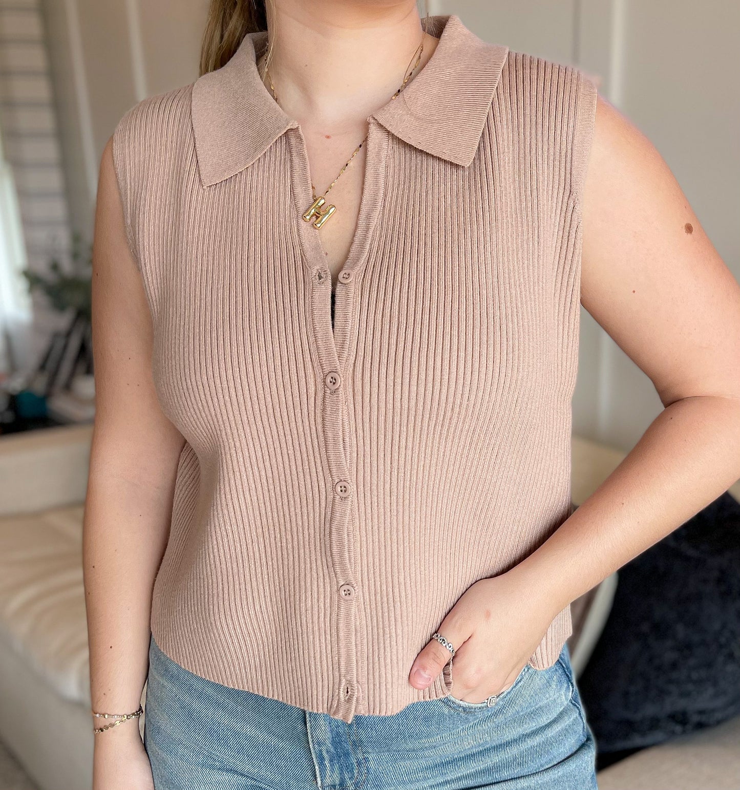 Button Up Sweater Vest Top