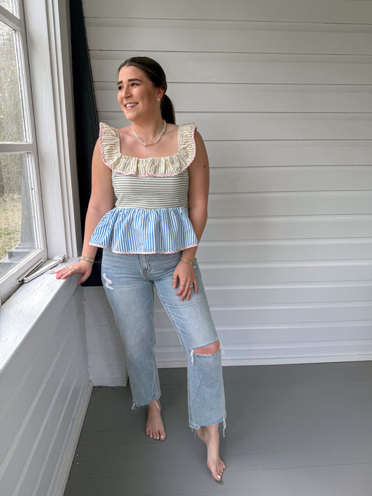 MULTI STRIPED BABYDOLL TOP