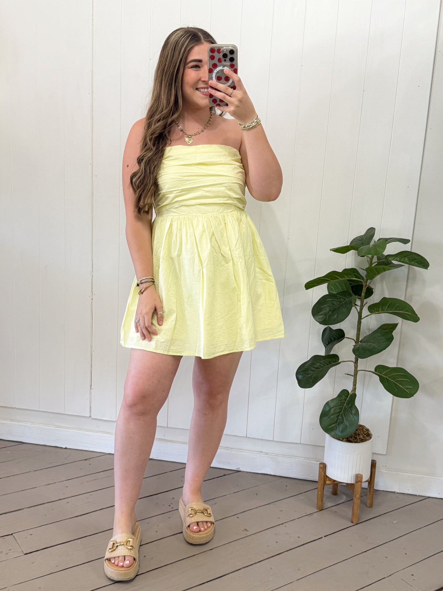 BUTTER STRAPLESS PLEATED MINI DRESS