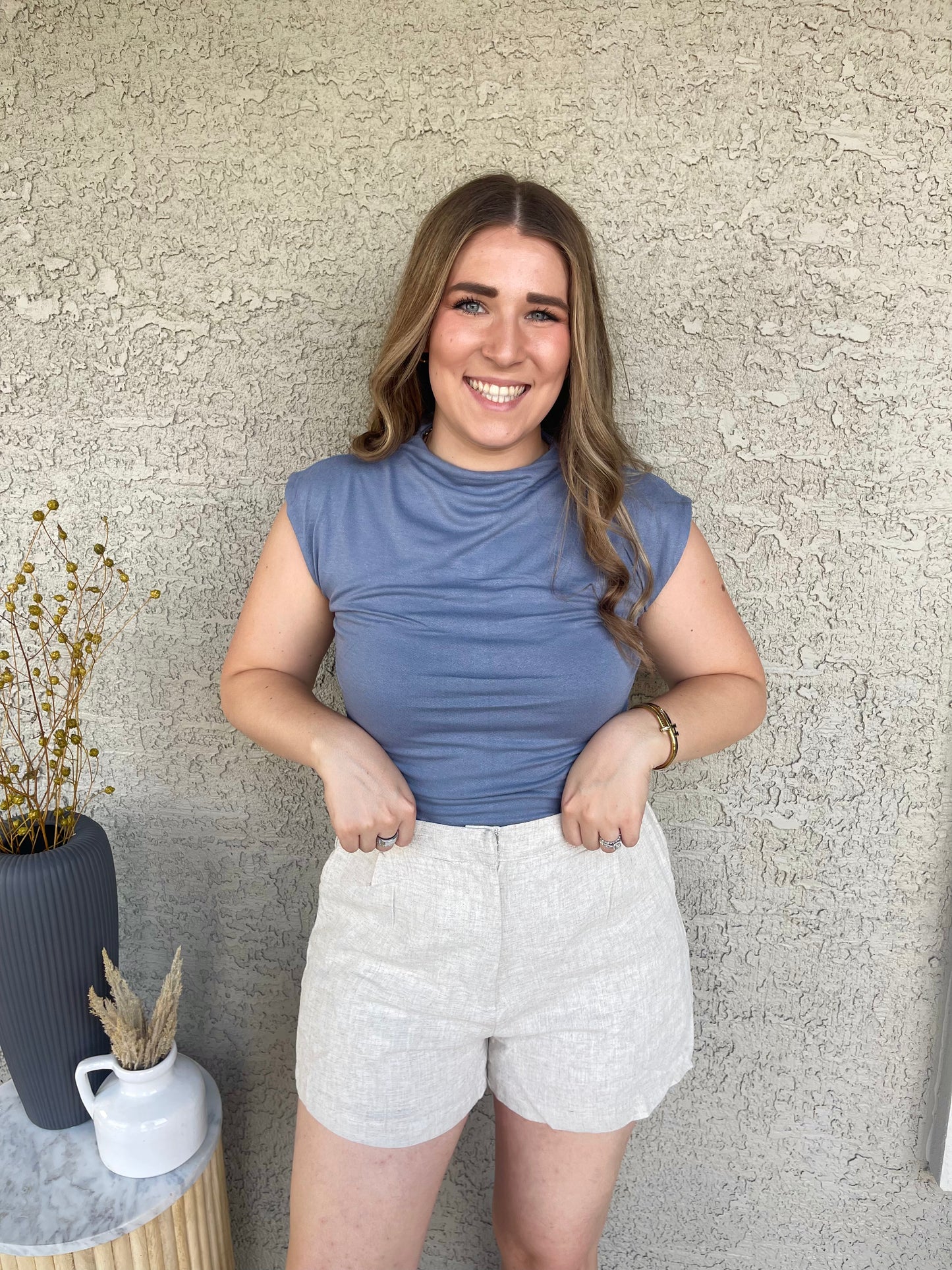 DUSTY BLUE REVERSIBLE FUNNEL NECK SCRUNCH KNIT TOP