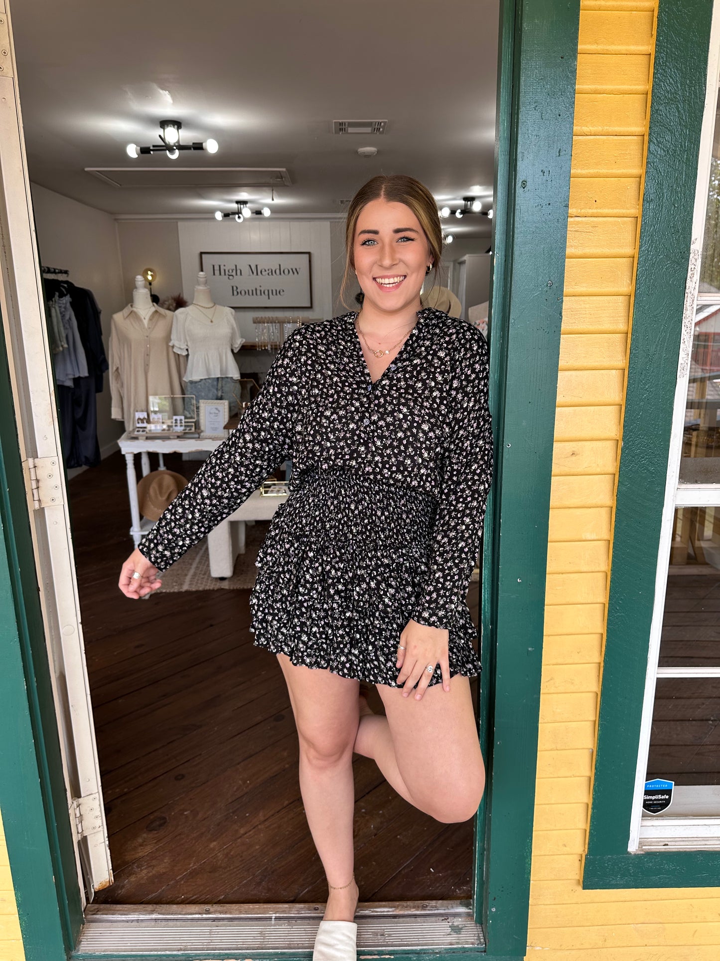 Smocked Black Floral Mini Dress