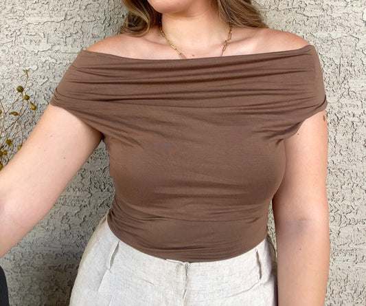 MOCHA REVERSIBLE OFF THE SHOULDER KNIT TOP