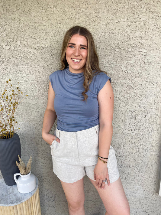 DUSTY BLUE REVERSIBLE FUNNEL NECK SCRUNCH KNIT TOP