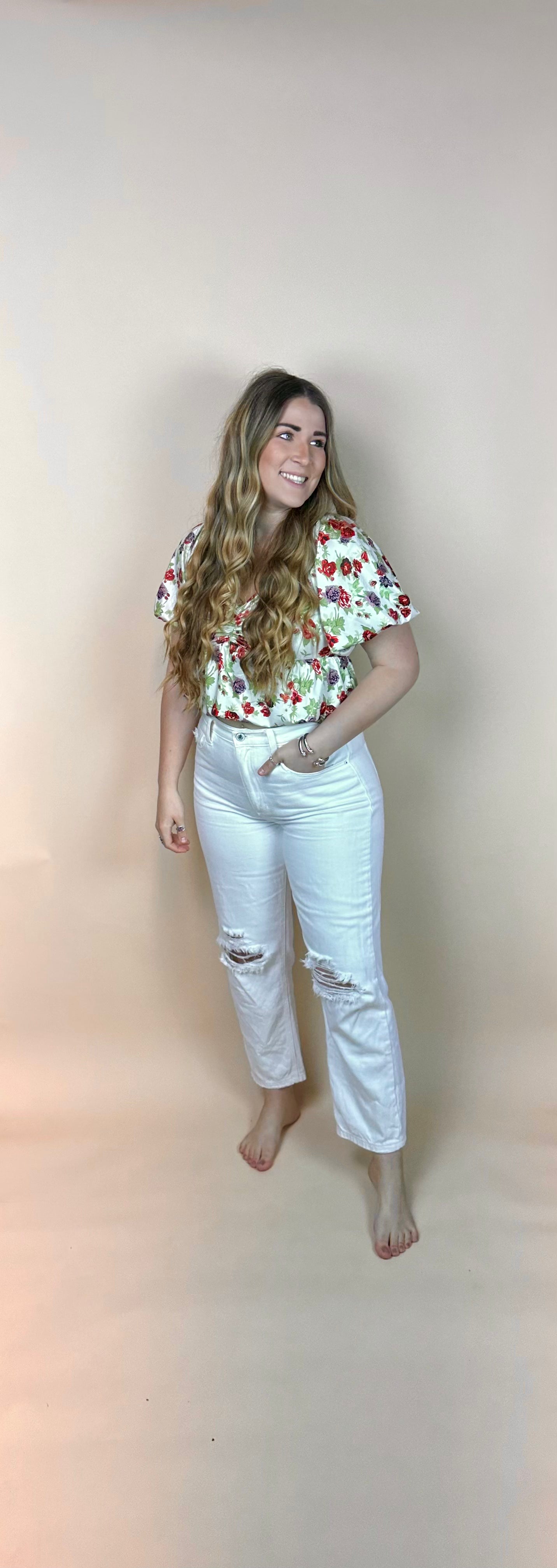 Distressed Straight Leg Jeans - White