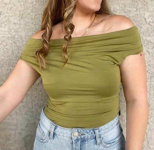 OLIVE REVERSIBLE OFF THE SHOULDER KNIT TOP