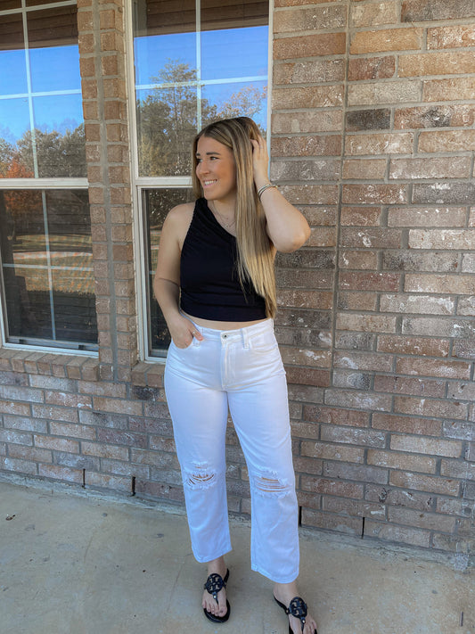 Distressed Straight Leg Jeans - White