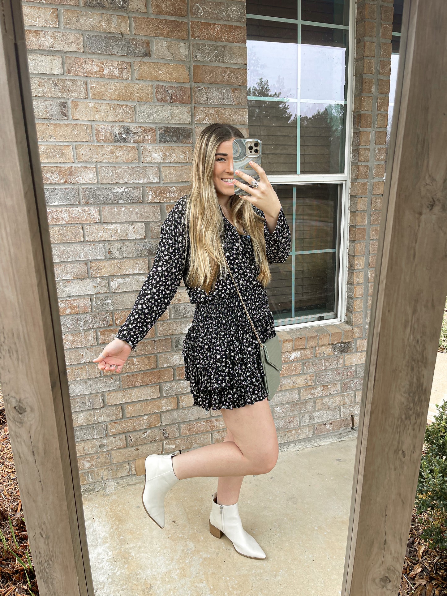 Smocked Black Floral Mini Dress