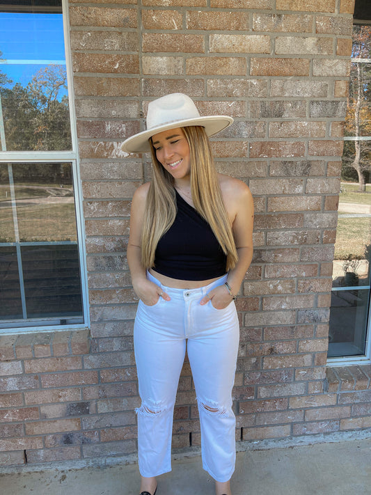 Distressed Straight Leg Jeans - White