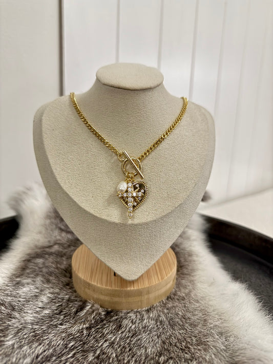 CRYSTAL HEART CROSS CHARM NECKLACE