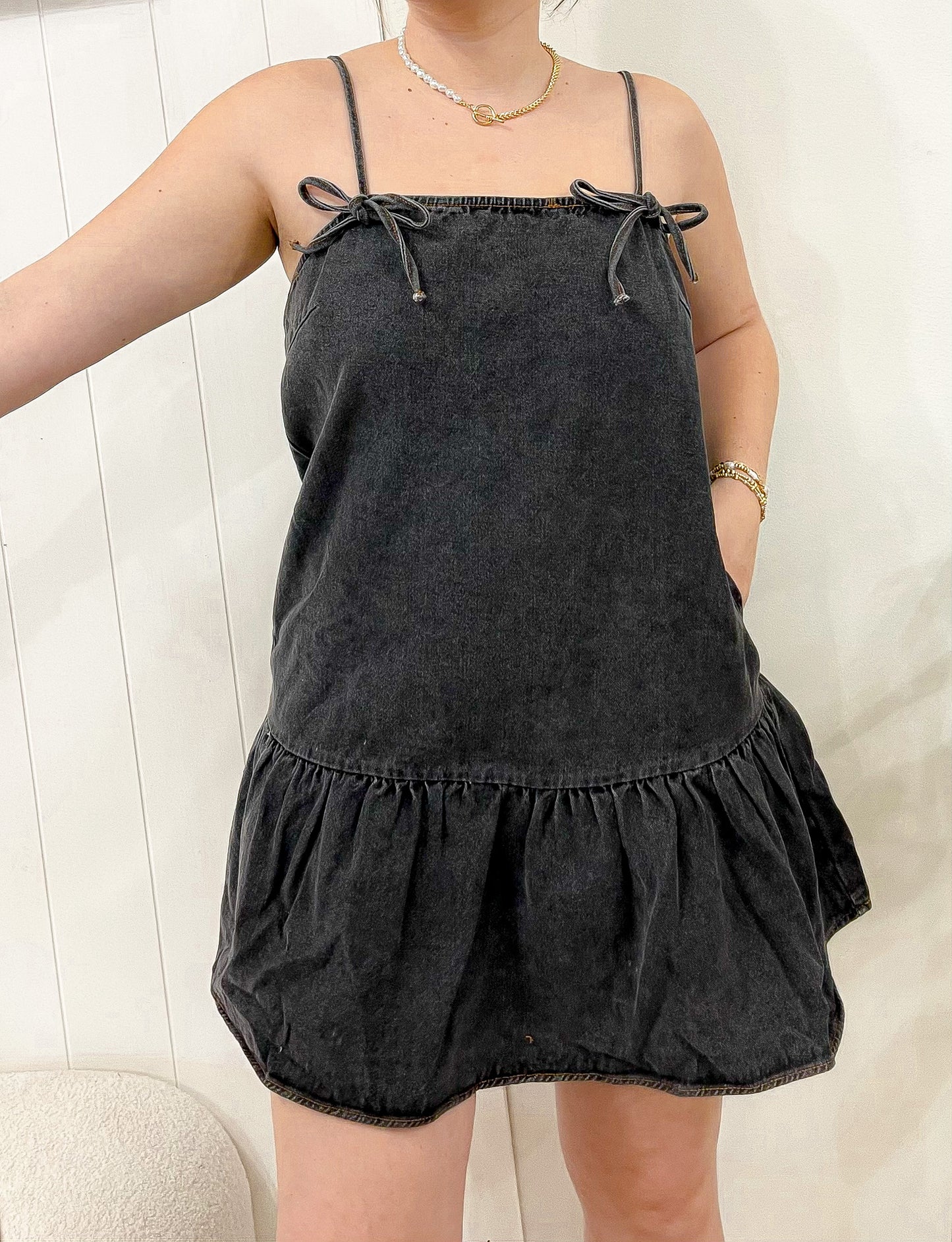 Washed Denim Bow Dress