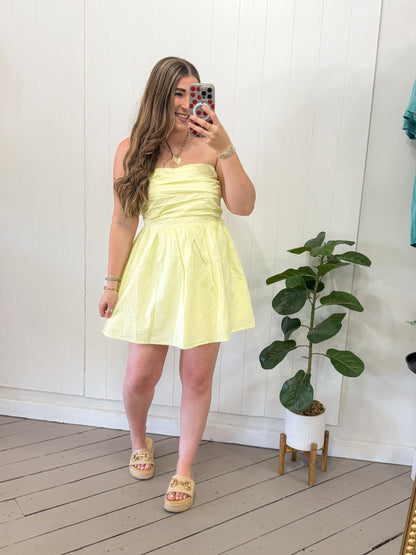 BUTTER STRAPLESS PLEATED MINI DRESS