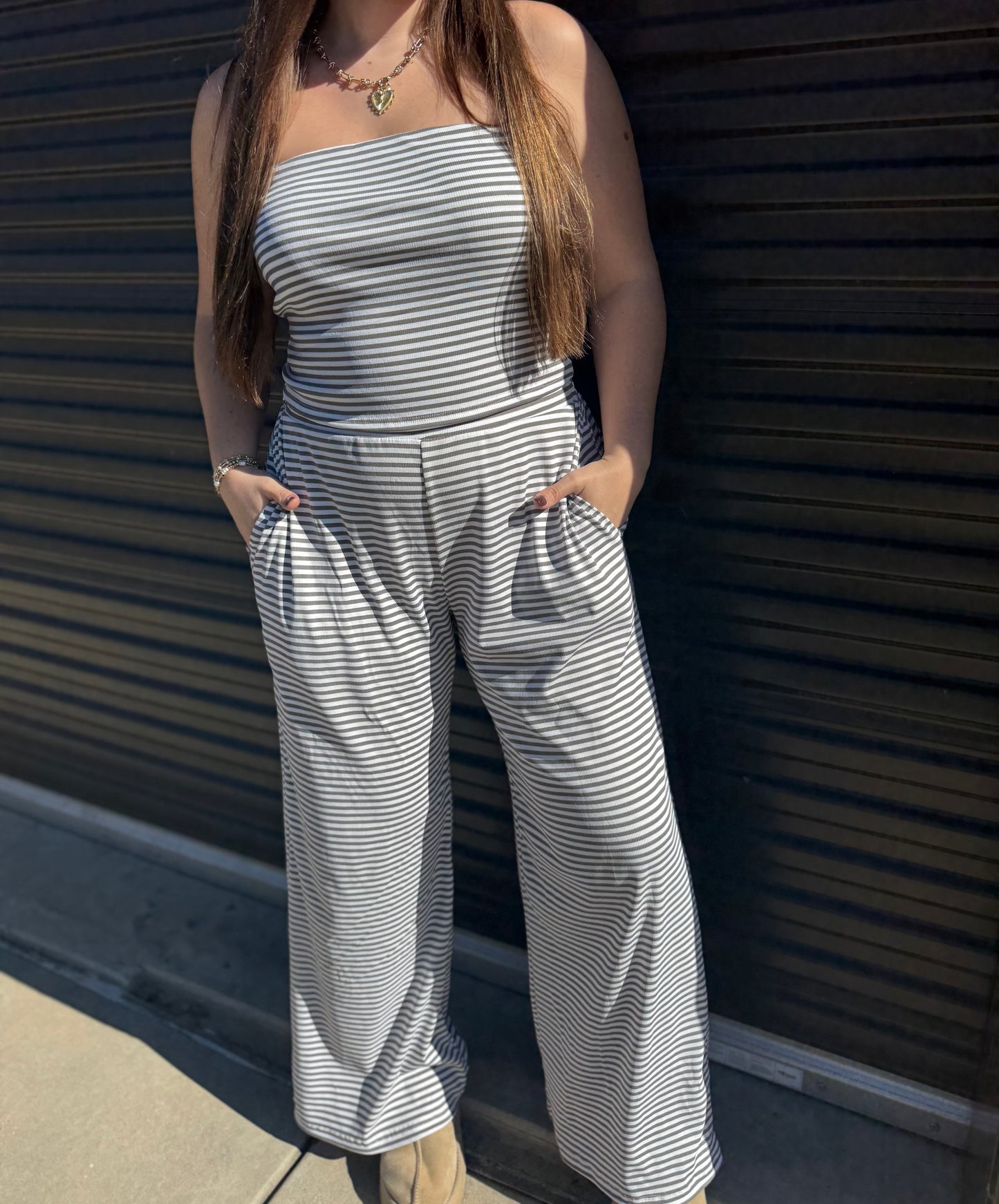 STRIPED TUBE TOP AND PANT SET