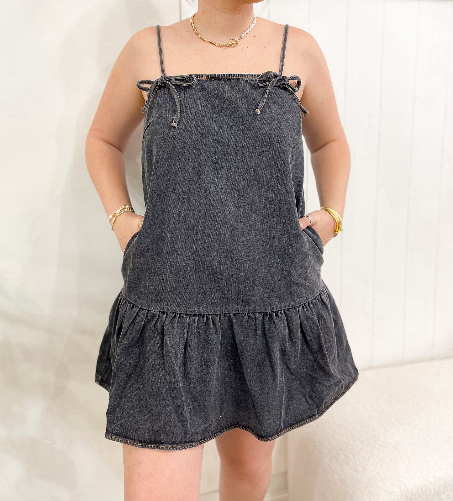 Washed Denim Bow Dress