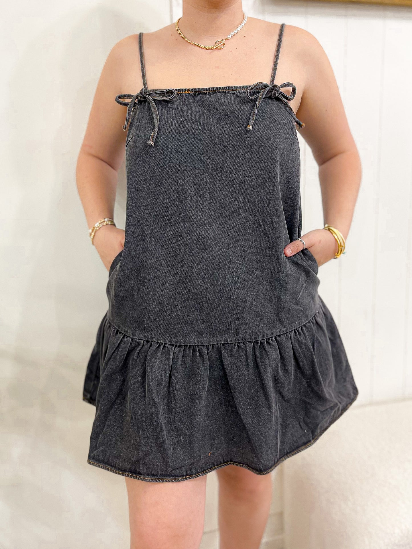 Washed Denim Bow Dress