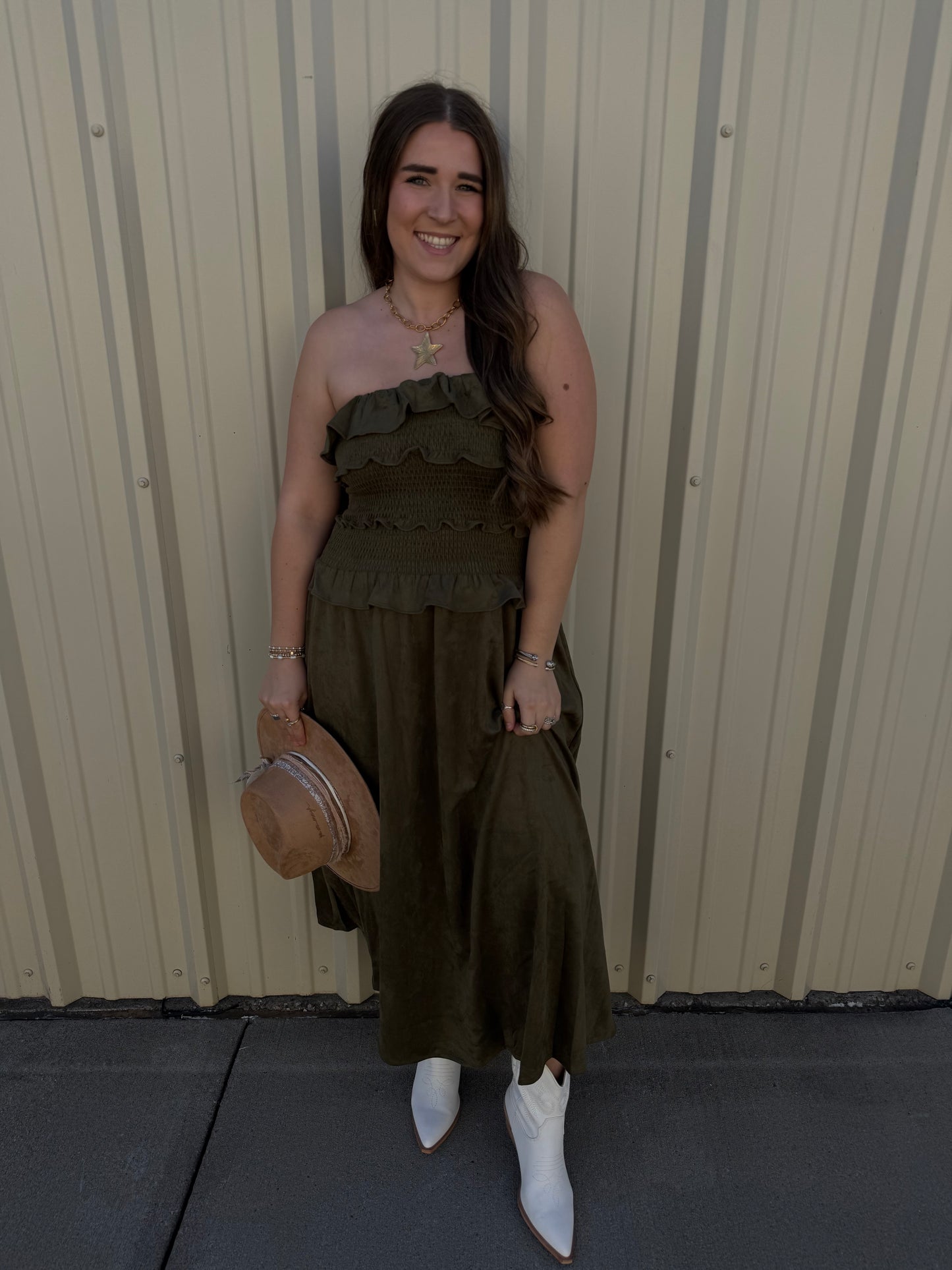 GREEN SUEDE MAXI TUBE RUFFLED DRESS