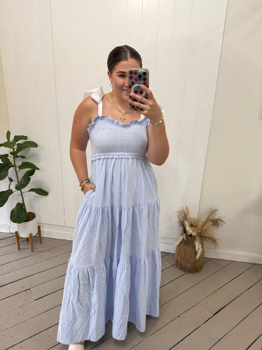 BLUE SATIN TIE SMOCKED MAXI
