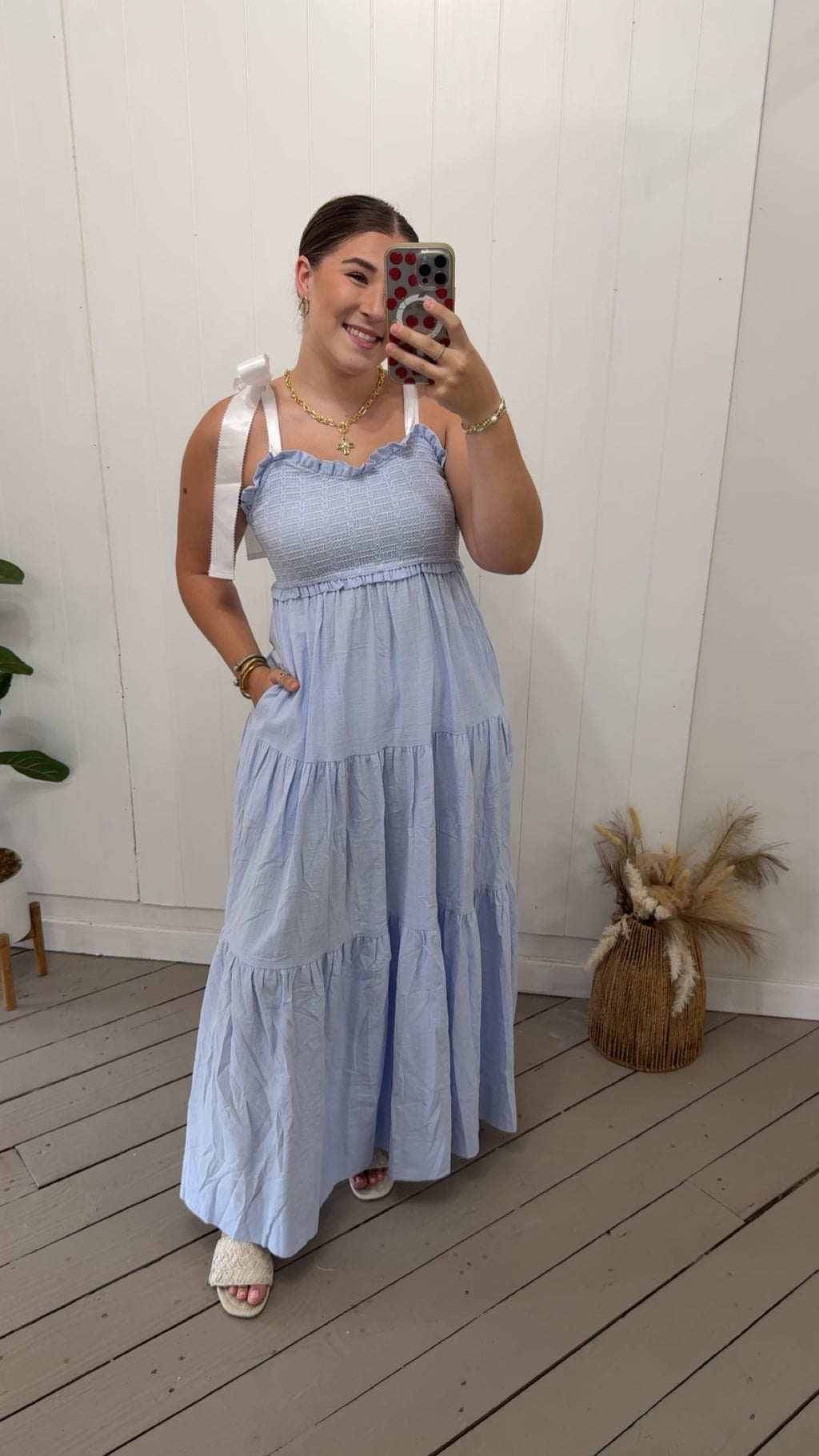 BLUE SATIN TIE SMOCKED MAXI
