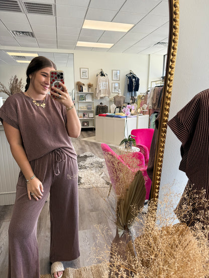 BROWN STRIPE KNIT LOUNGE SET