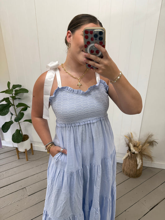 BLUE SATIN TIE SMOCKED MAXI