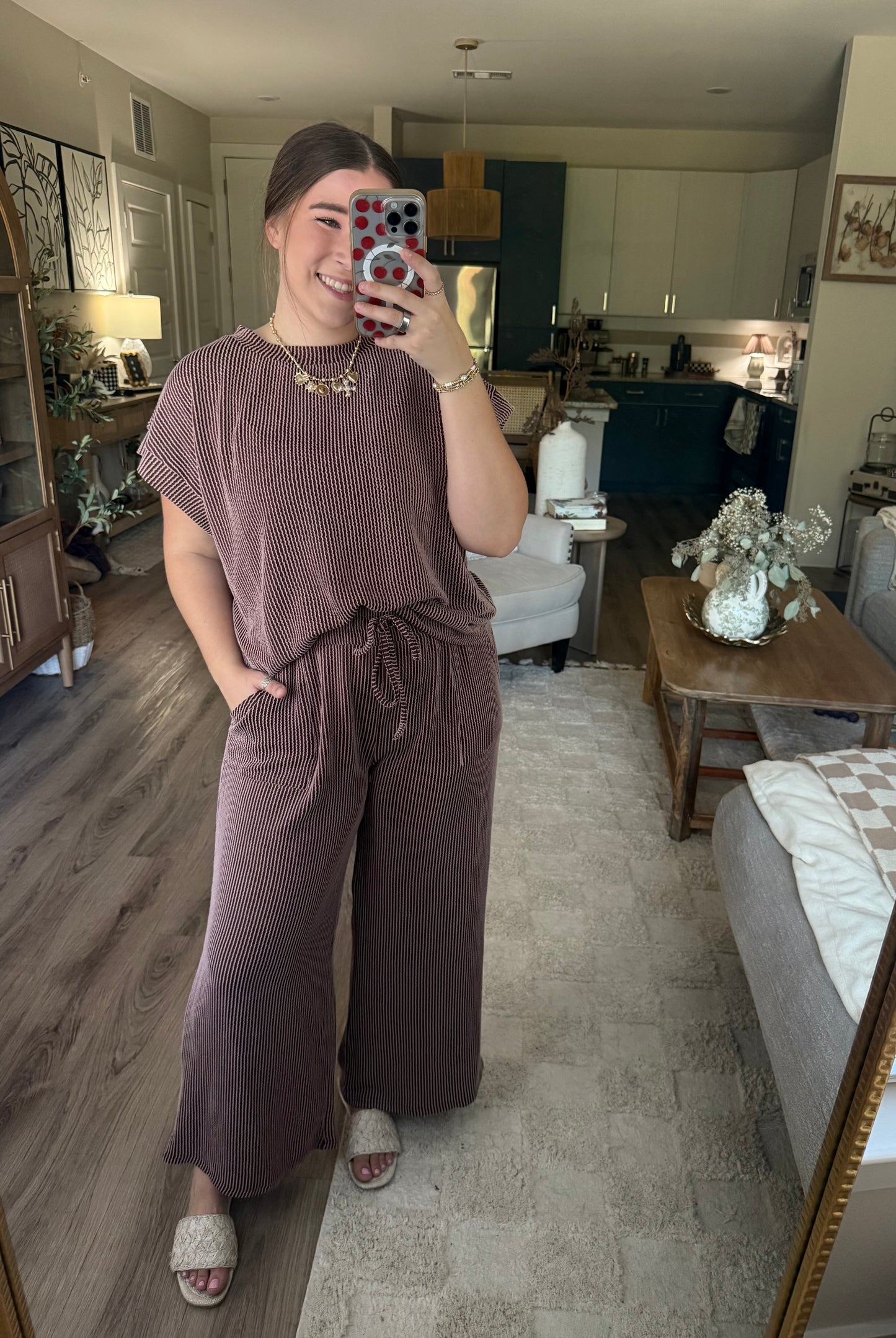 BROWN STRIPE KNIT LOUNGE SET