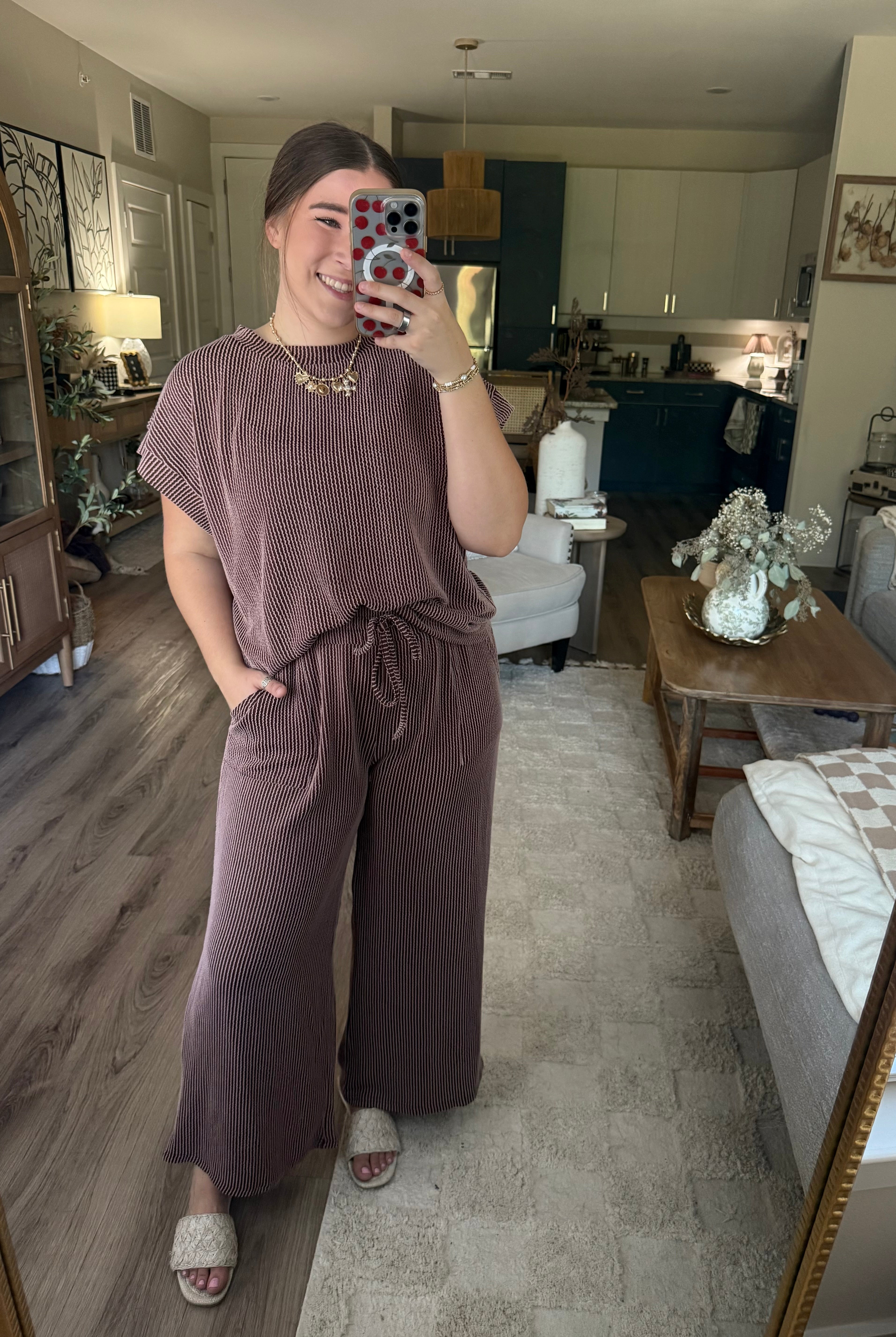 BROWN STRIPE KNIT LOUNGE SET
