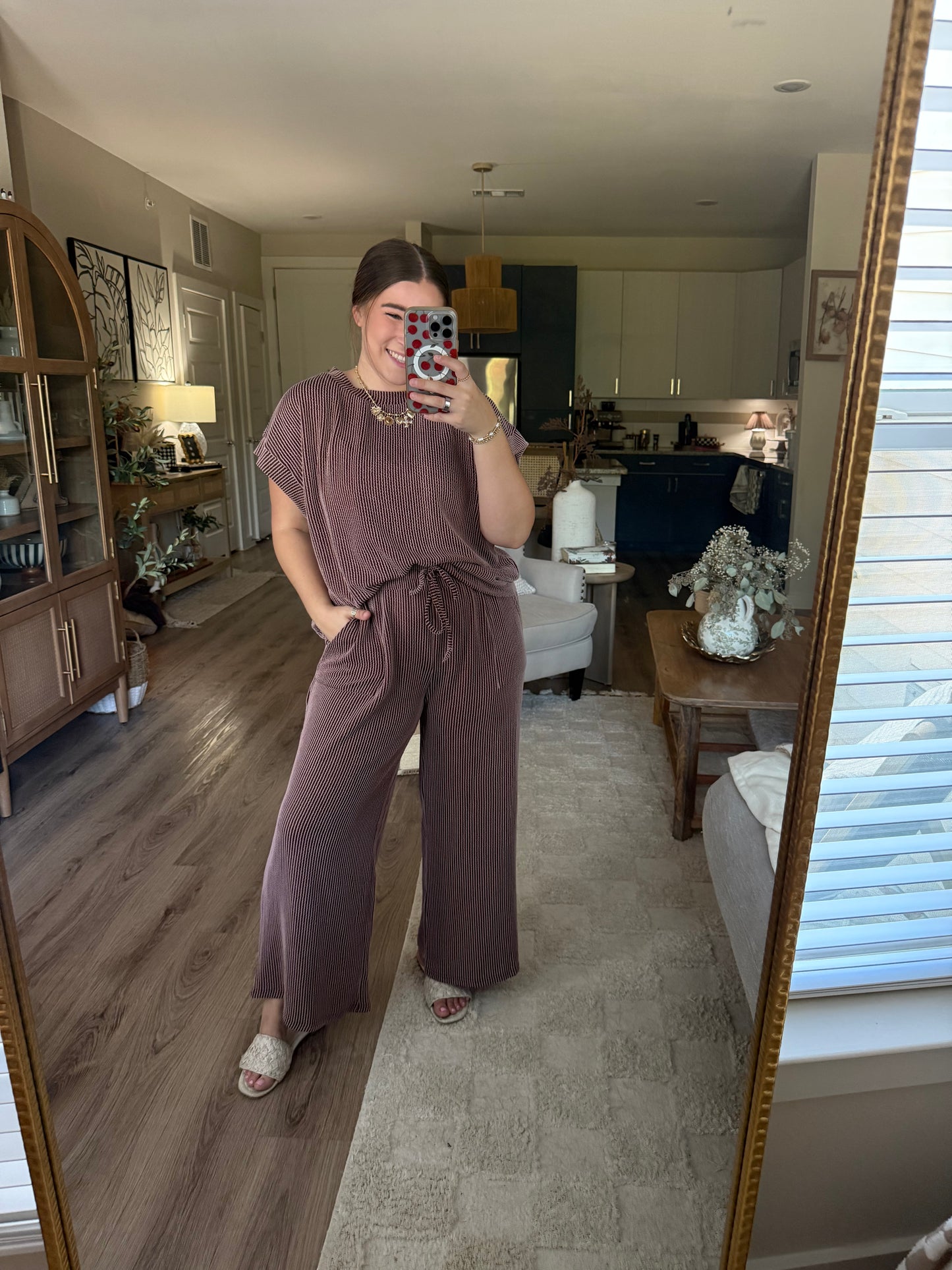 BROWN STRIPE KNIT LOUNGE SET