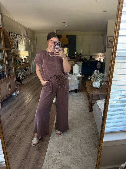 BROWN STRIPE KNIT LOUNGE SET