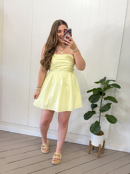 BUTTER STRAPLESS PLEATED MINI DRESS