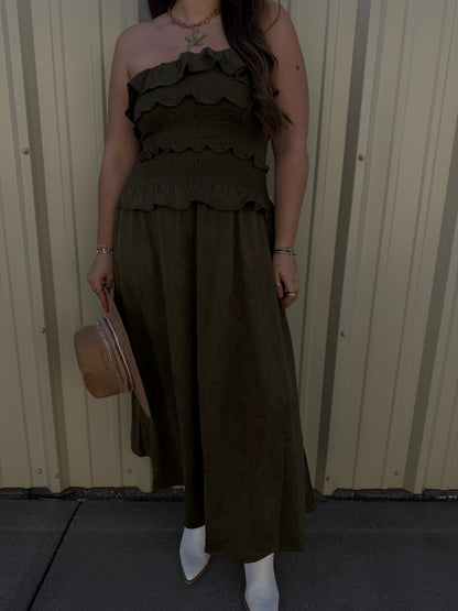 GREEN SUEDE MAXI TUBE RUFFLED DRESS