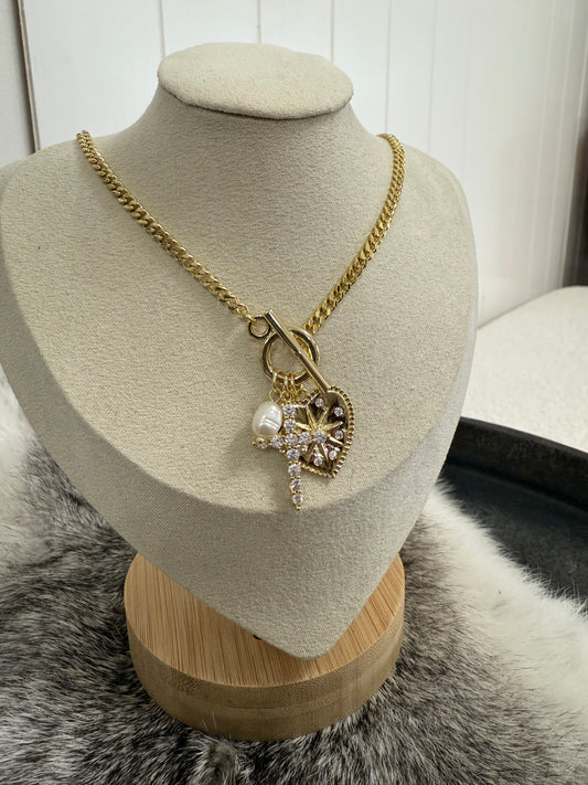 CRYSTAL HEART CROSS CHARM NECKLACE