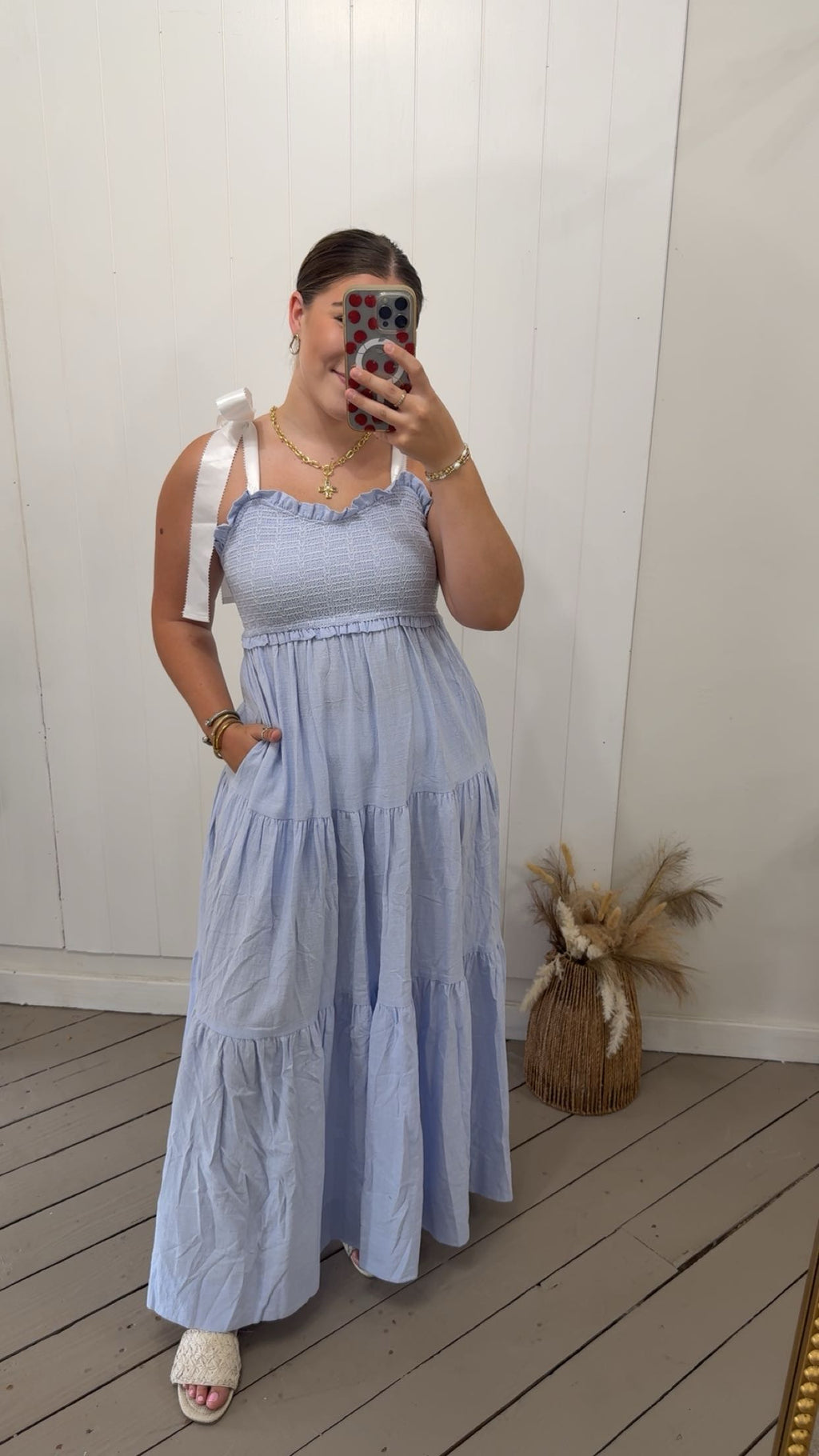 BLUE SATIN TIE SMOCKED MAXI
