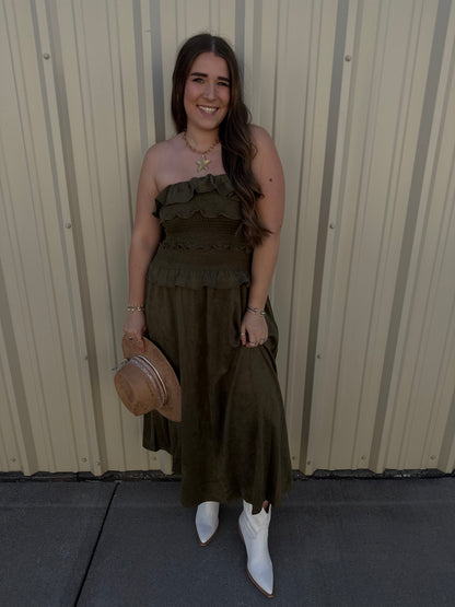 GREEN SUEDE MAXI TUBE RUFFLED DRESS