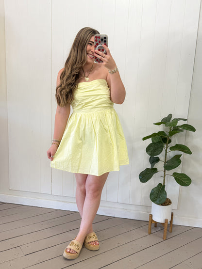 BUTTER STRAPLESS PLEATED MINI DRESS
