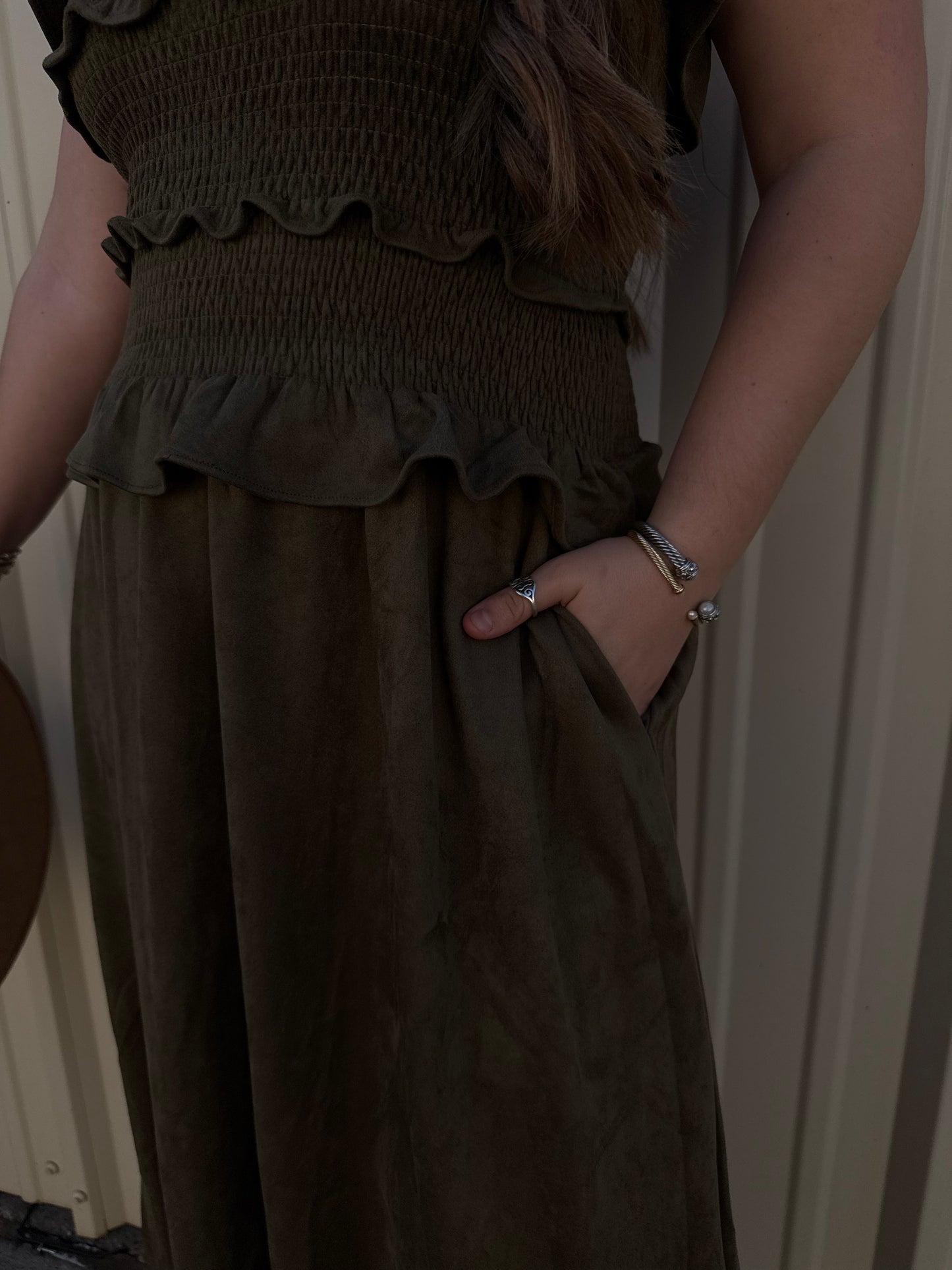 GREEN SUEDE MAXI TUBE RUFFLED DRESS