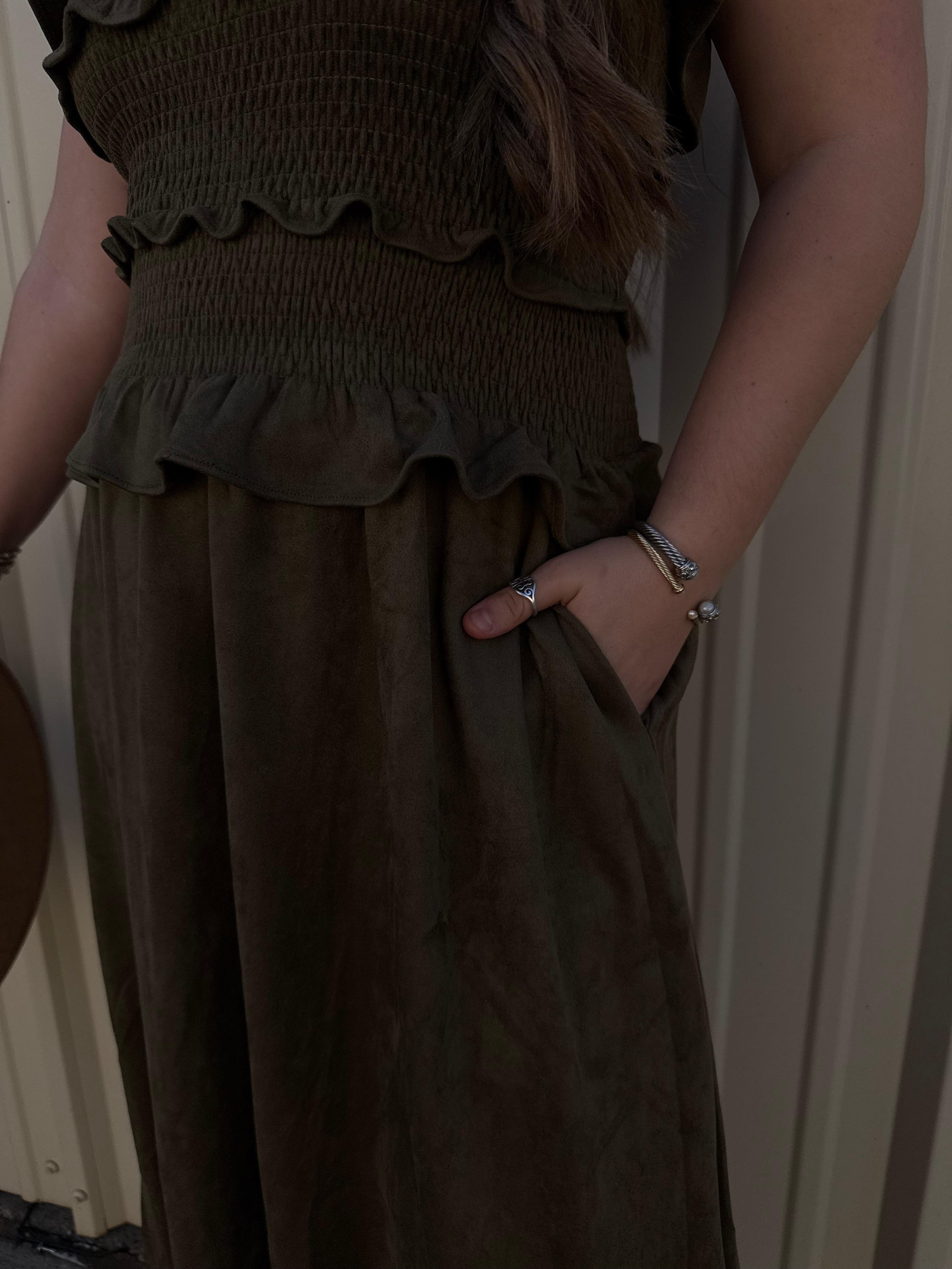 GREEN SUEDE MAXI TUBE RUFFLED DRESS
