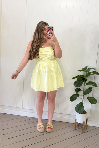 BUTTER STRAPLESS PLEATED MINI DRESS