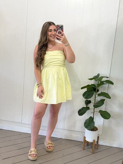 BUTTER STRAPLESS PLEATED MINI DRESS