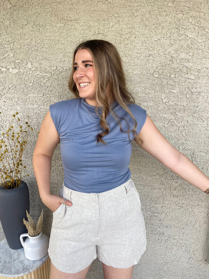 DUSTY BLUE REVERSIBLE FUNNEL NECK SCRUNCH KNIT TOP