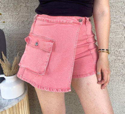 STRETCH MINERAL WASHED DENIM CARGO SKORT
