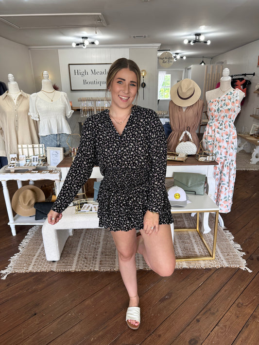 Smocked Black Floral Mini Dress