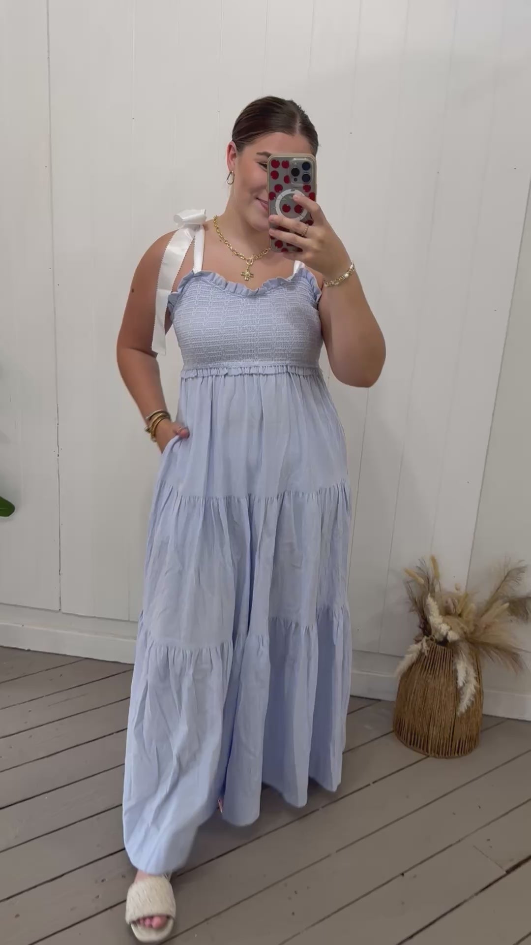 BLUE SATIN TIE SMOCKED MAXI