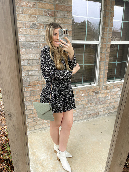 Smocked Black Floral Mini Dress